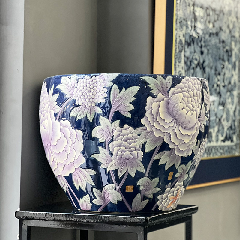 牡丹彩绘雕刻书画缸（紫）