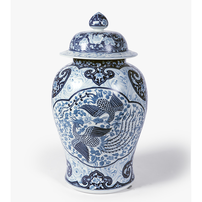 青花双凤来仪将军罐