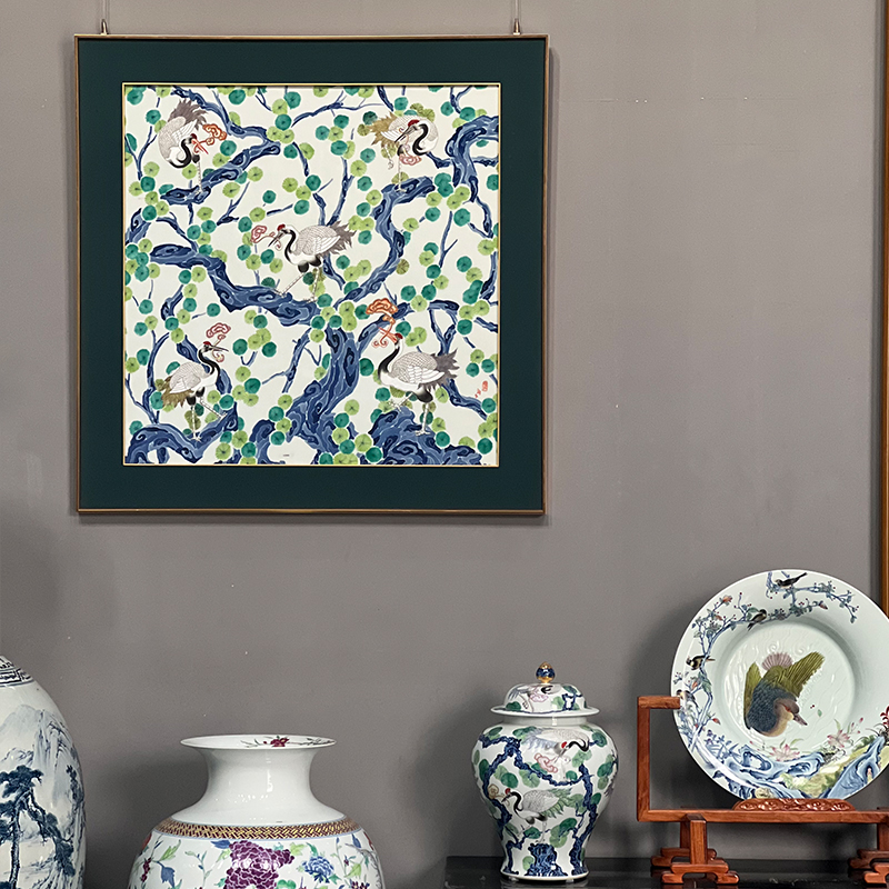 斗彩松鹤延年瓷板画（正方）
