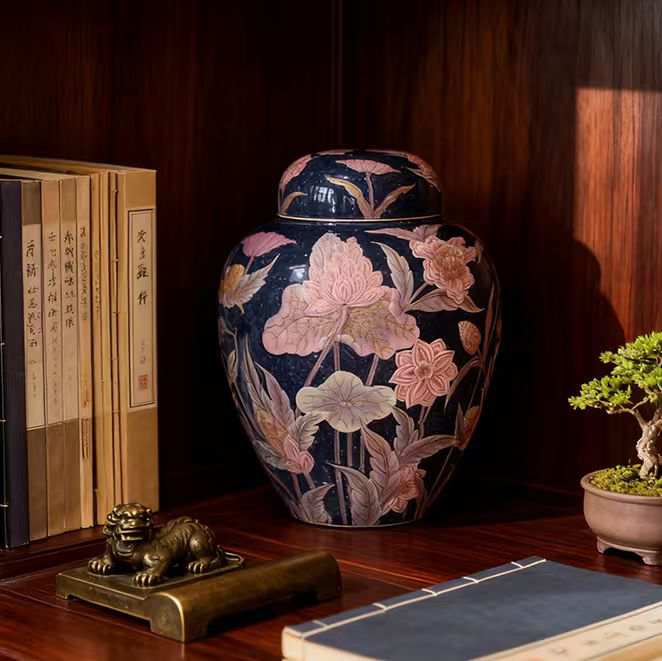 洒蓝荷花雕刻盖罐