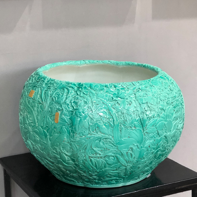 松石绿万花雕刻缸