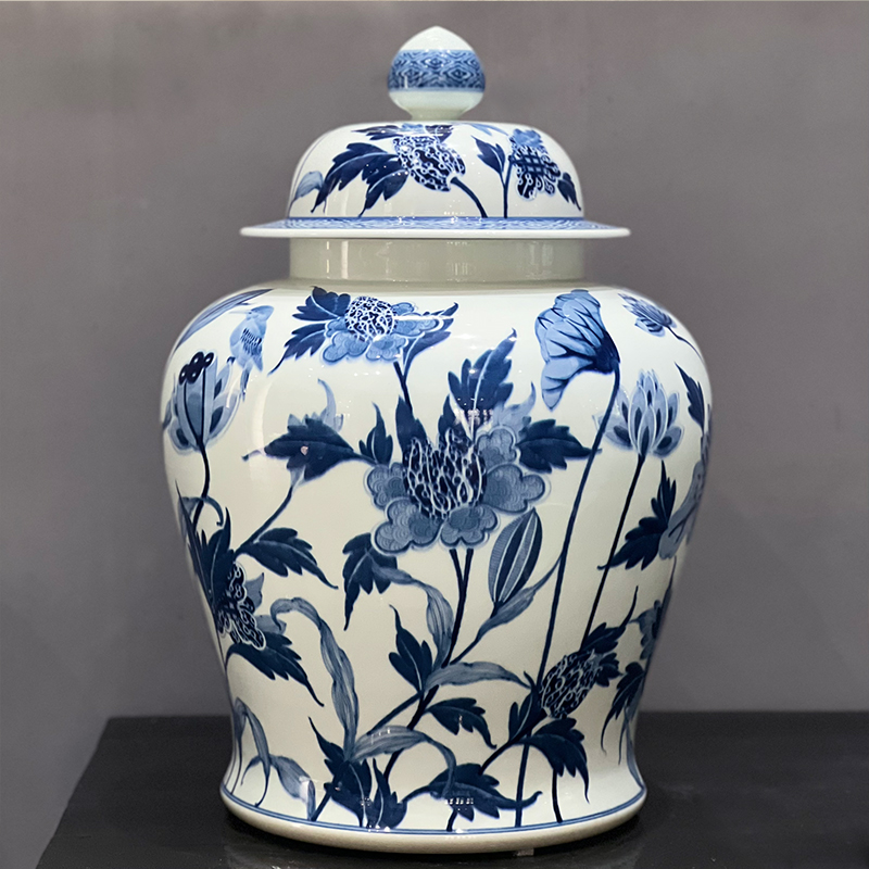 青花烙莲将军罐