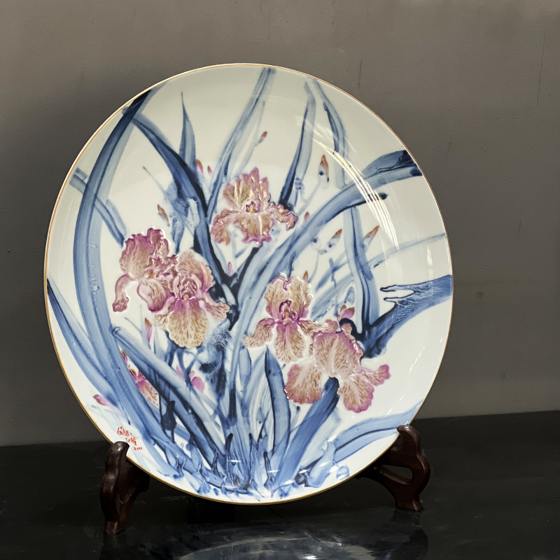 泼墨鸢尾花雕刻盘