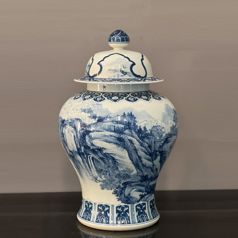 青花山水将军罐