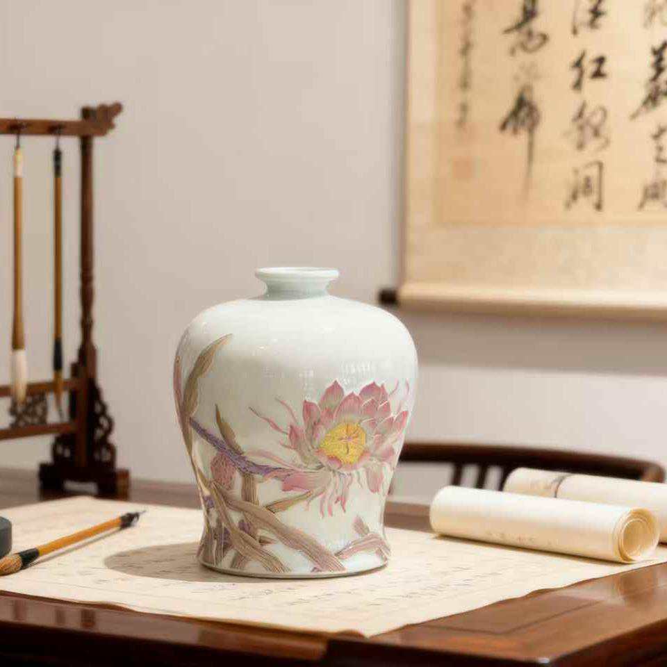 甜白釉荷花彩绘梅瓶