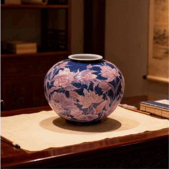 洒蓝烙莲雕刻罐