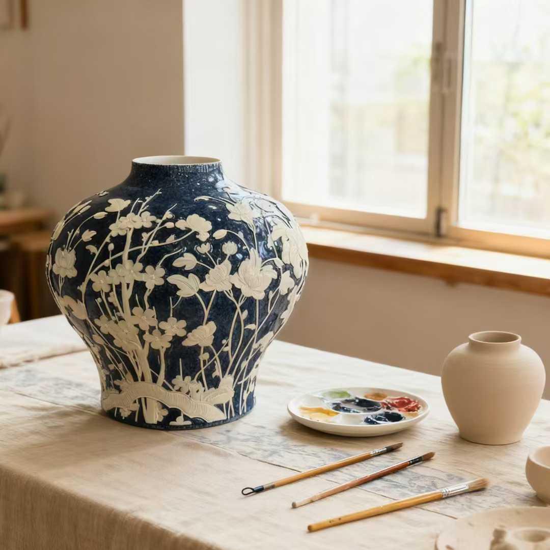 洒蓝花卉雕刻罐